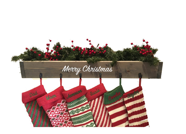 family stocking hooks, wall stocking holder, Christmas decor, no mantle, farmhouse decor, reclaimed wood, stocking hanger, Merry Christmas