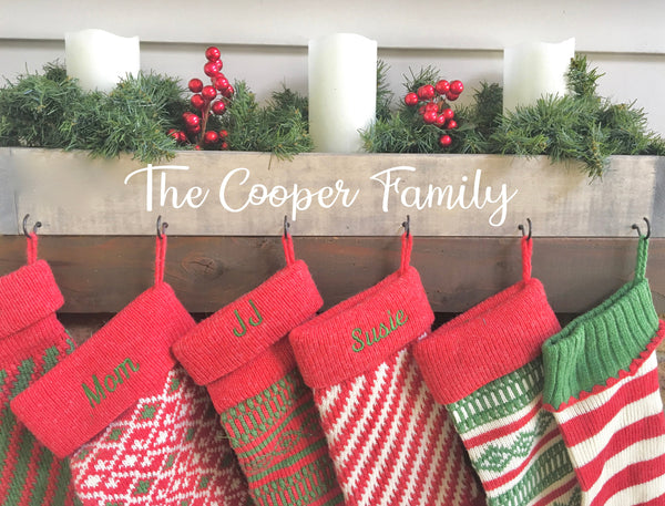 Large family stocking holder, personalized, red lettering, Gray box, Christmas decor, Rustic, Farmhouse, Stocking hanger, Stocking hooks