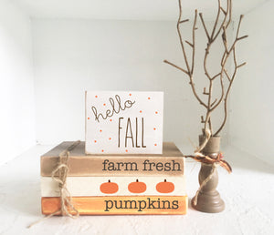 Fall decor, Wooden books, Mini book bundle, Book stack, Tiered tray sign, Fall tree,  Faux books, Tiered tray decor, Farm fresh pumpkins