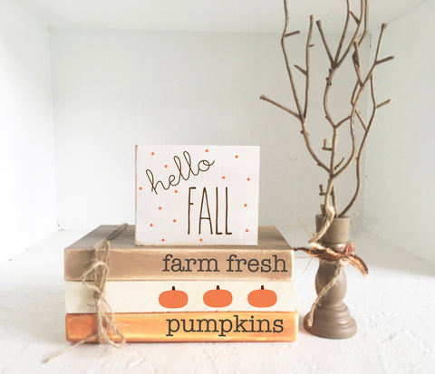 Fall decor, Wooden books, Mini book bundle, Book stack, Tiered tray sign, Fall tree,  Faux books, Tiered tray decor, Farm fresh pumpkins