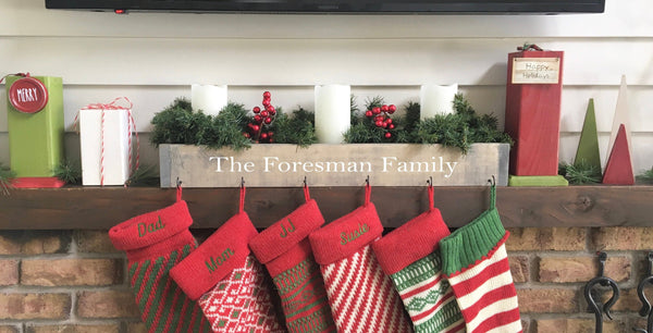 Personalized family stocking holder box, Christmas mantle