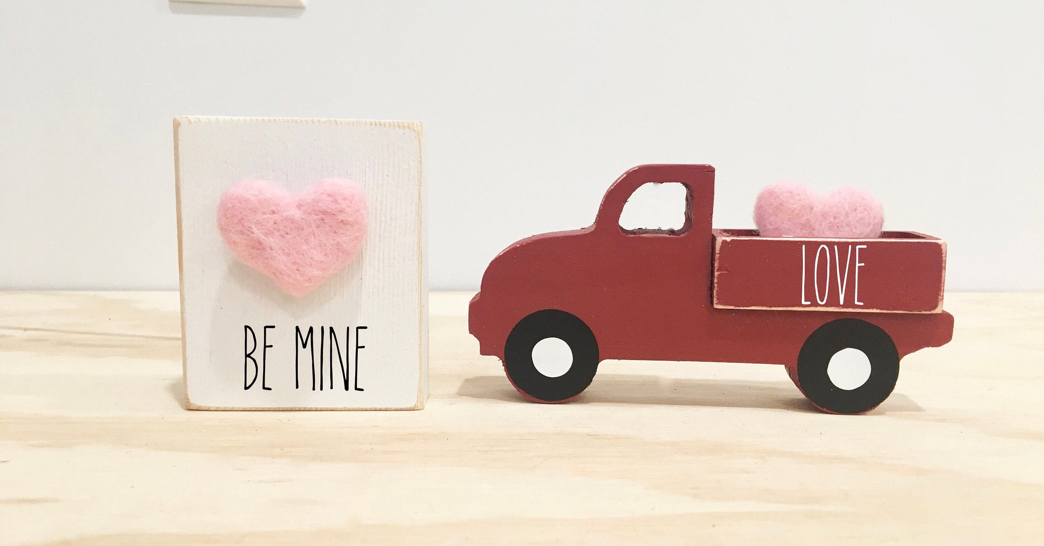 Valentine's day decor, red truck, tiered tray decor, heart sign, Felted wool heart, Wooden truck, Farmhouse, Tiered tray sign, Old truck