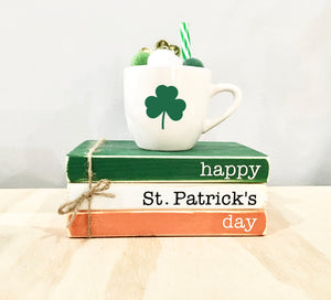 St. Patrick's day decor, tiered tray, mini book bundle, book stack, shamrock mug, farmhouse,  wooden books, tiered tray decor, Irish flag