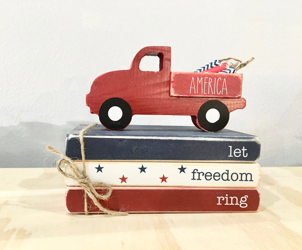 Holiday tiered tray, 4th of July decor, America, mini book bundle, book stack, wooden truck, farmhouse, faux books, wooden books, old truck