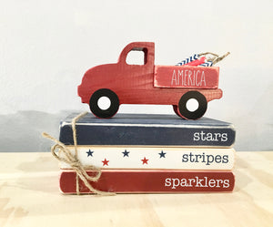 Holiday tiered tray, 4th of July decor, America, mini book bundle, book stack, wooden truck, farmhouse, faux books, wooden books, old truck