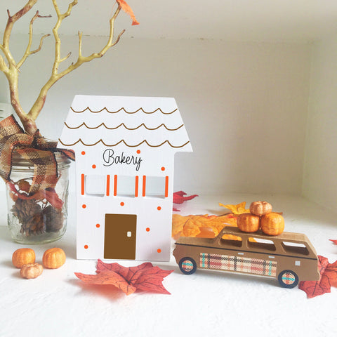 Fall decor, Wooden bakery, Station wagon, Tiered tray sign, Fall village, Pumpkins, Old car, Rustic fall, Farmhouse decor, Wood house