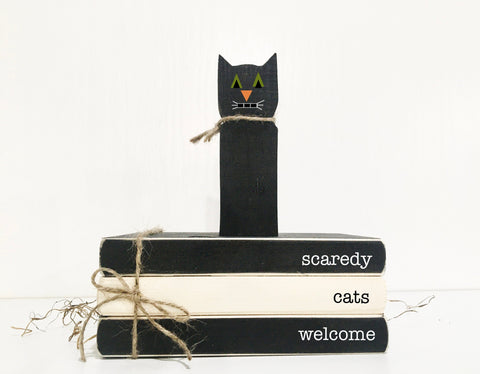 Halloween tiered tray, Halloween decor, Black cat,  Mini book bundle, Book stack, Scaredy cats welcome,  Tiered tray decor, Farmhouse truck