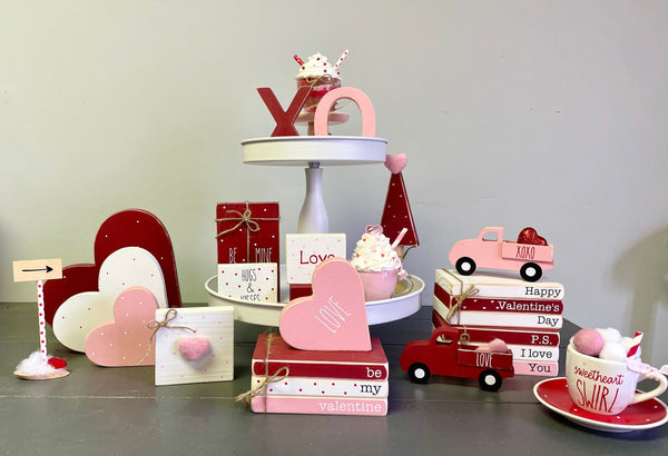 Valentine bundle, tiered tray decor, wooden heart, book bundle, book stack, Valentine's day decor, faux books, Truck, Mini mug, Tree