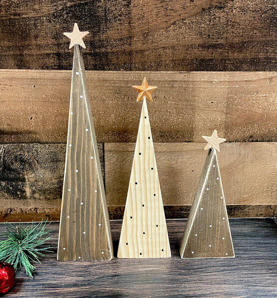 Wooden Christmas trees, set of 3, shelf sitters, Woodland decor, Christmas, polka dot