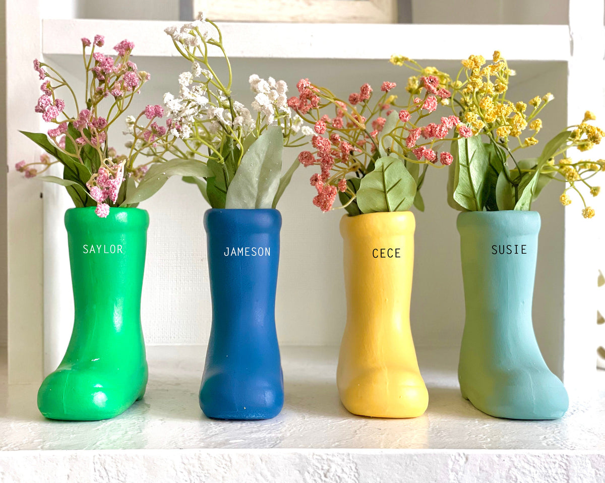 Personalized rain boot planter, Spring decor, Ceramic flower vase, Mot