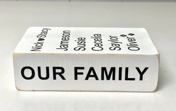 Personalized family book, Kid's names, Wood faux book, Tiered tray decor, Our family wood block, Family keepsake