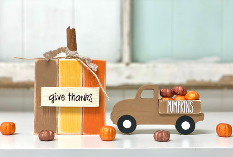 Fall decor, Wooden pumpkin and truck set for tiered tray