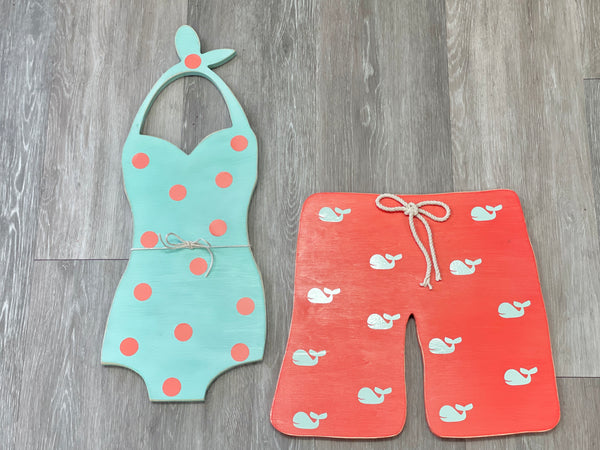 Wood bathing suits, Summer door hangers, Cottage wall hangings, set of 2