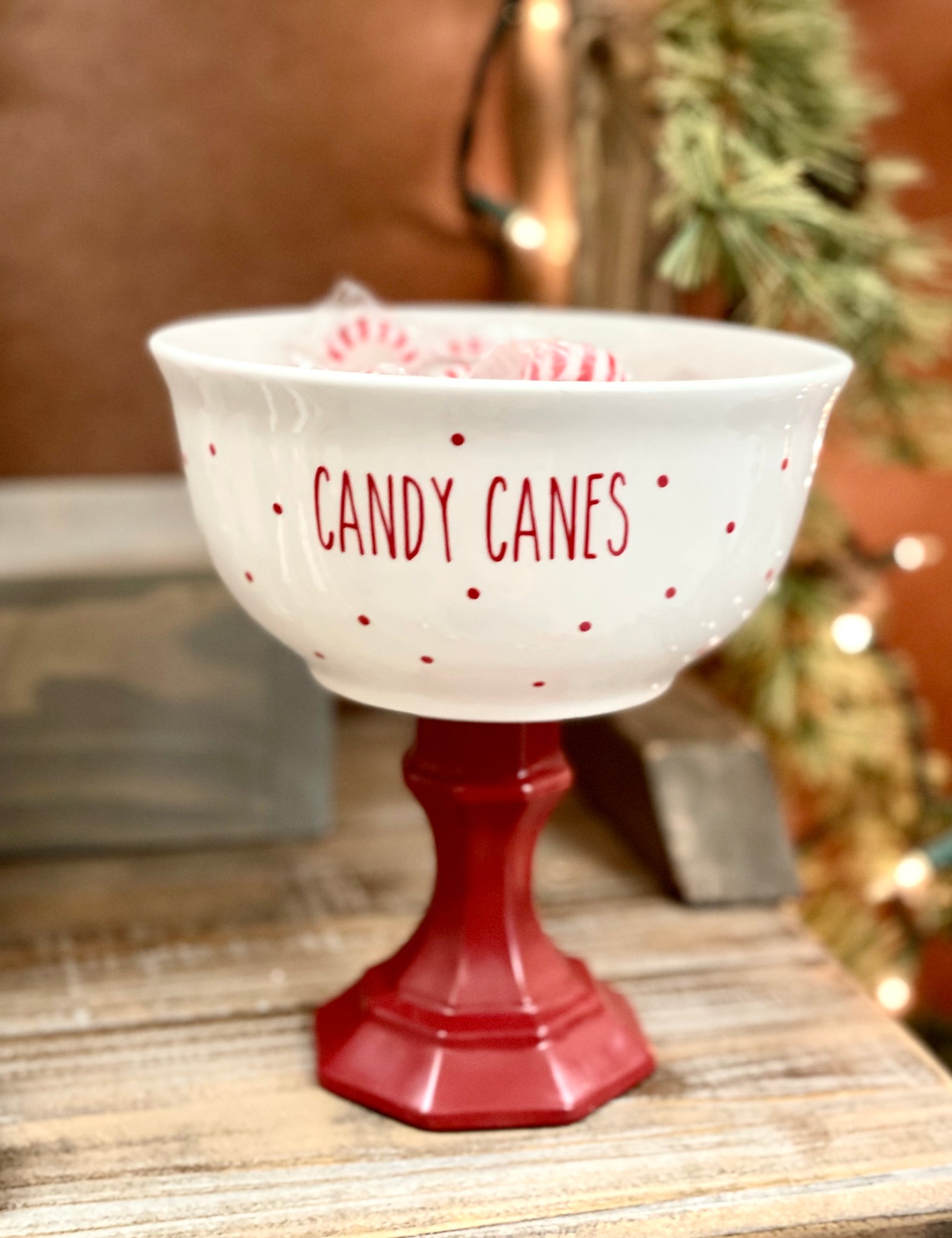 Christmas Candy Cane Ceramic Pedestal Bowl