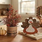 Rustic Wooden Thanksgiving Turkey Tabletop Decoration and Fall Floral Berry Plant Set