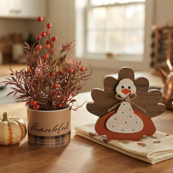 Rustic Wooden Thanksgiving Turkey Tabletop Decoration and Fall Floral Berry Plant Set