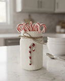 Rustic Christmas Candy Cane Mason Jar Holder with Textured Ivory Knit Sleeve