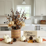 Fall decor Plaid pot Berry Stem Arrangement | Wood Autumn blessings sign for tiered tray