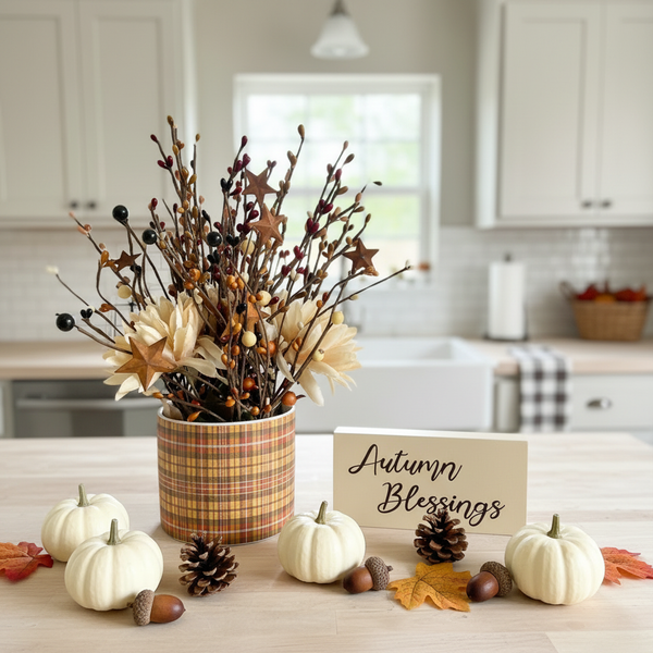Fall decor Plaid pot Berry Stem Arrangement | Wood Autumn blessings sign for tiered tray