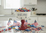 Patriotic “God Bless America” Navy Pedestal Bowl with Candy | 4th of July Decor | Americana Kitchen & Party Display