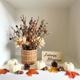 Fall decor Plaid pot Berry Stem Arrangement | Wood Autumn blessings sign for tiered tray
