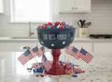 Patriotic “God Bless America” Navy Pedestal Bowl with Candy | 4th of July Decor | Americana Kitchen & Party Display