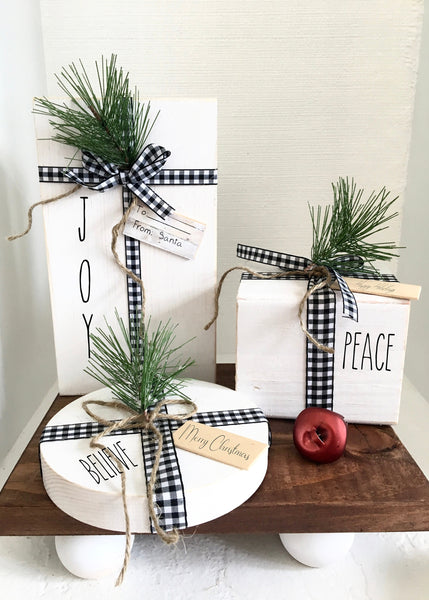 Wooden presents, Wood gifts, Christmas decor, Farmhouse, Buffalo plaid, Set of 3, Rustic, Teacher gift, Hostess gift