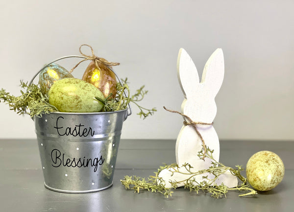 Easter decor, Wood bunny, Centerpiece, Mantle decor, Easter bucket with eggs, Farmhouse decor, Tiered tray decor, Easter blessings