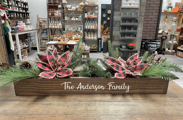 Personalized Christmas centerpiece, Wooden box for table, Christmas floral arrangement, Plaid poinsettia, Christmas decor, Hostess gift