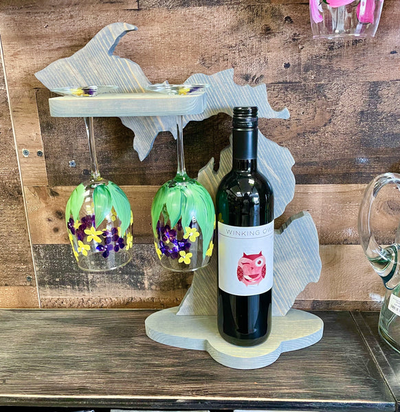 Michigan wood wine rack, Wedding gift, Housewarming, Anniversary, Table top wine storage, Wine glass holder