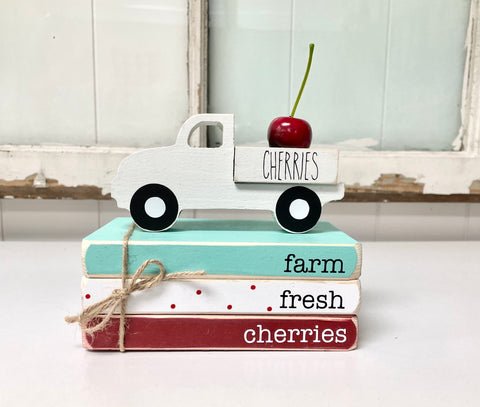 Cherry decor, Wood book stack, Cherry truck, Summer tiered tray, mini faux book bundle