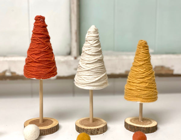 Fall trees for tiered tray decor, Set of 3 yarn trees