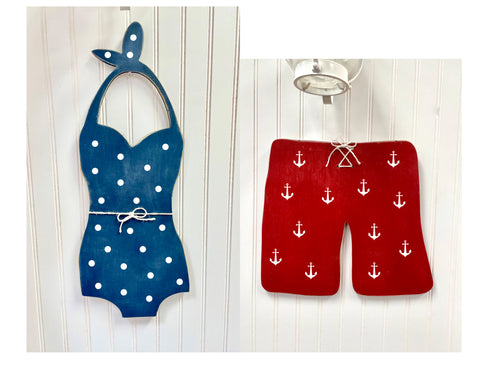 Retro wood bathing suits, Cottage wall hangings
