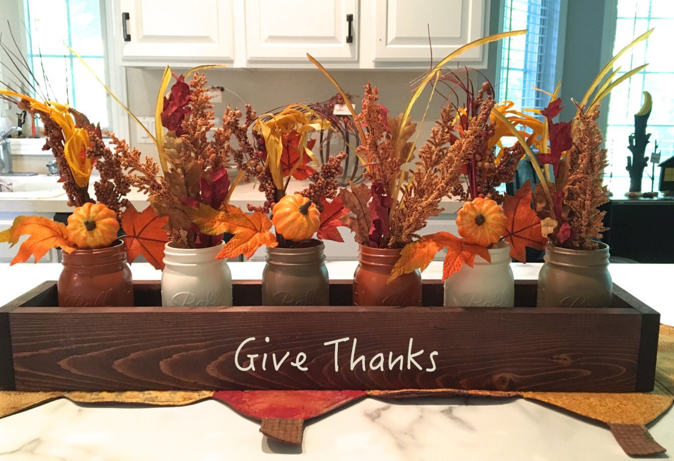 fall centerpiece, wooden table box, Thanksgiving decor, mason jars, rustic farmhouse table box
