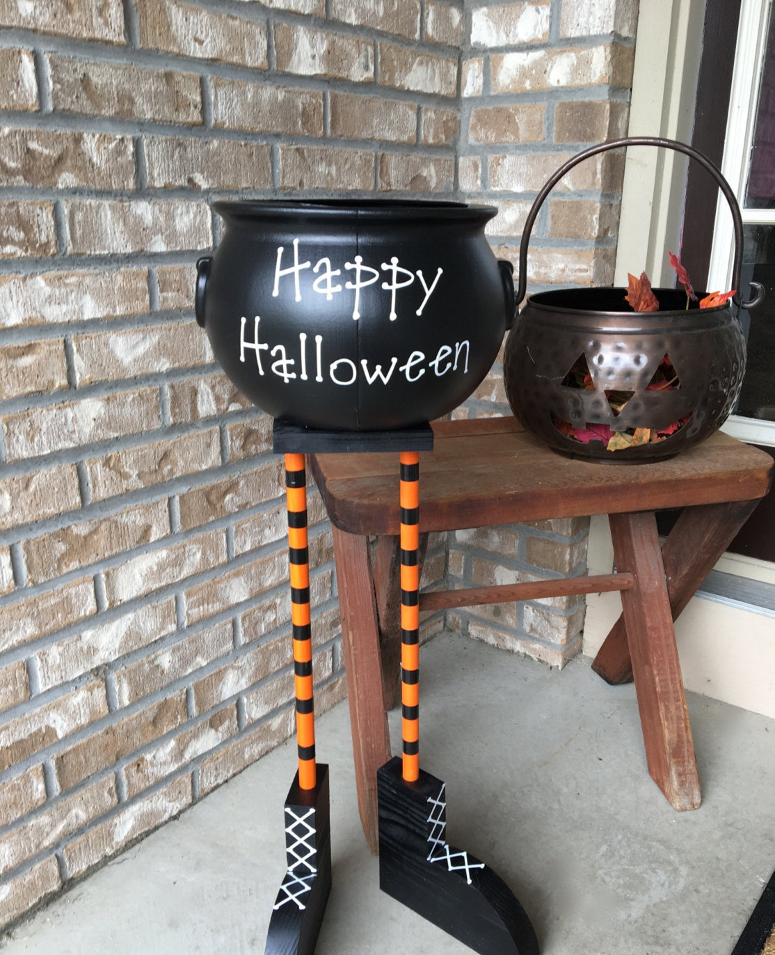 Halloween decor, Black cauldron candy bowl, Witch feet for Halloween, Fall porch decor