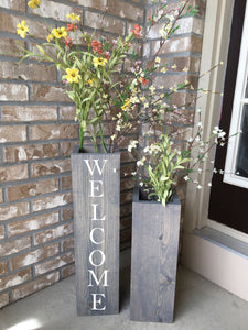 large wooden porch vases, welcome sign, reclaimed wood, rustic, floor vases, farmhouse decor, large floor vase,  porch decor, set of 2