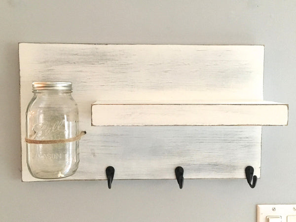 entryway shelf, key holder, wall vase, shelf with hooks, kitchen shelf, farmhouse, rustic shelf, reclaimed wood, mason jar wall vase, white