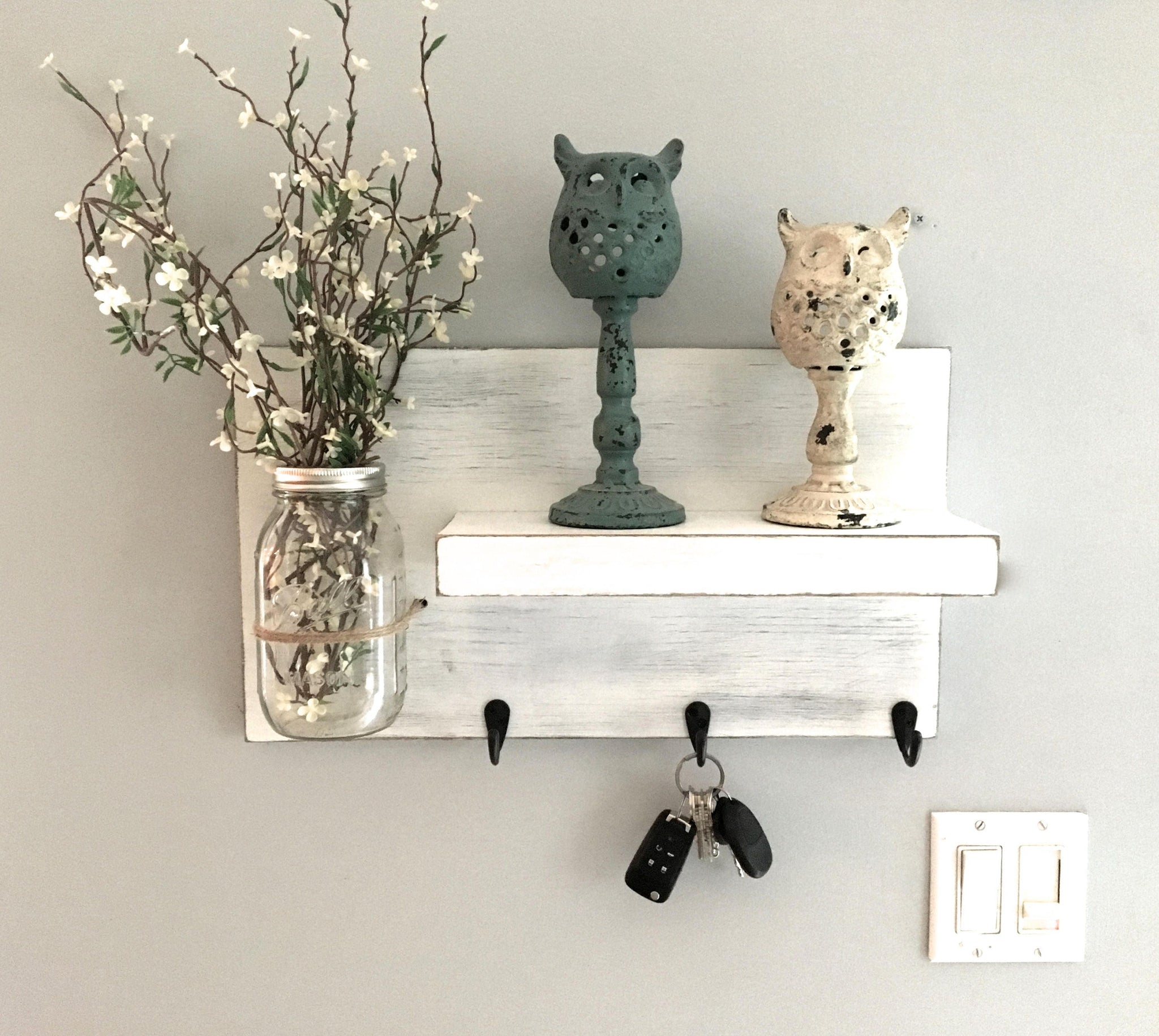 entryway shelf, key holder, wall vase, shelf with hooks, kitchen shelf, farmhouse, rustic shelf, reclaimed wood, mason jar wall vase, white