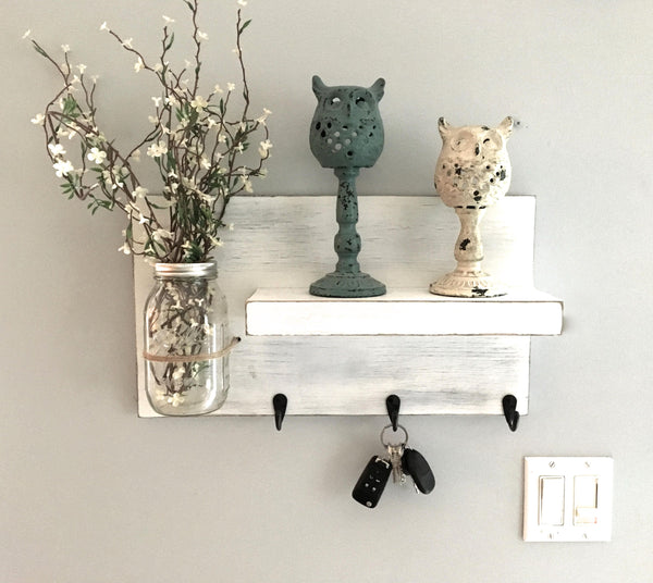 entryway shelf, key holder, wall vase, shelf with hooks, kitchen shelf, farmhouse, rustic shelf, reclaimed wood, mason jar wall vase, white