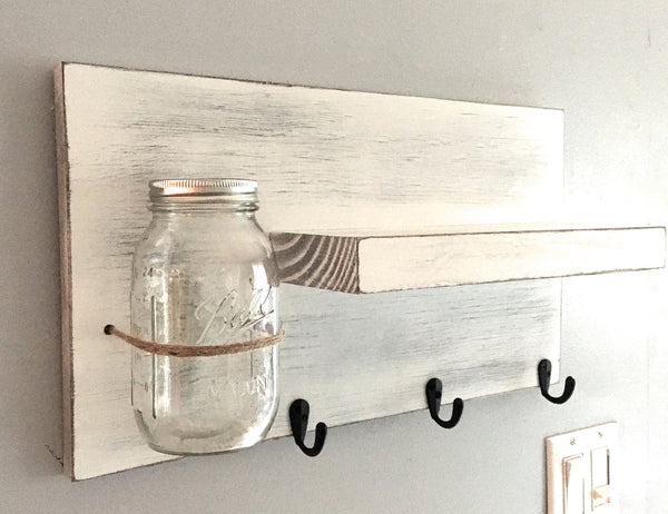 entryway shelf, key holder, wall vase, shelf with hooks, kitchen shelf, farmhouse, rustic shelf, reclaimed wood, mason jar wall vase, white