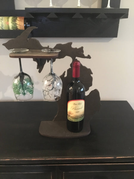 Michigan wood wine rack, Wedding gift, Housewarming, Anniversary, Table top wine storage, Wine glass holder
