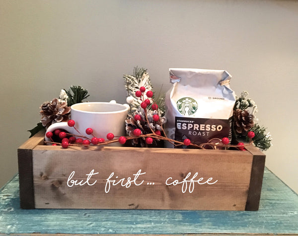 wood coffee box, farmhouse decor, coffee gift, goodie box, housewarming, coffee station, gift box, coffee bar, kitchen counter,  rustic