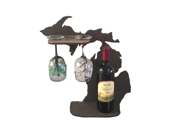 Michigan wood wine rack, Wedding gift, Housewarming, Anniversary, Table top wine storage, Wine glass holder