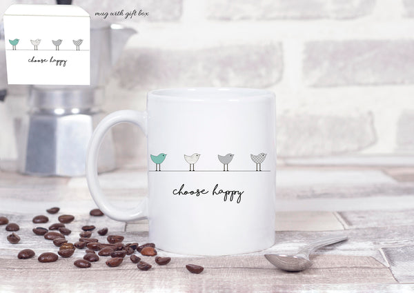 bird coffee mug, inspirational mug, coffee cup, Valentine's gift, bird on a wire, choose happy, coffee lover, teacher gift, gift box