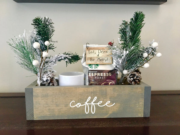 wood coffee box, farmhouse decor, coffee gift, goodie box, housewarming, coffee station, gift box, coffee bar, kitchen counter,  rustic