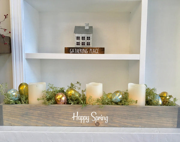 spring planter box, centerpiece, table decor, mantle decor, happy spring, wooden table box, farmhouse decor, hostess gift, housewarming