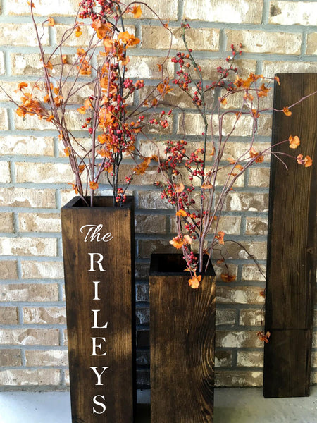 personalized wooden vases, reclaimed wood, rustic, floor vases, set of two, farmhouse decor, large floor vase, rustic decor, porch decor