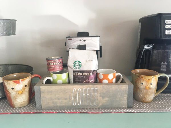 wood coffee box, farmhouse decor, coffee gift, goodie box, housewarming, coffee station, gift box, coffee bar, kitchen counter,  rustic