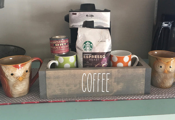 wood coffee box, farmhouse decor, coffee gift, goodie box, housewarming, coffee station, gift box, coffee bar, kitchen counter,  rustic