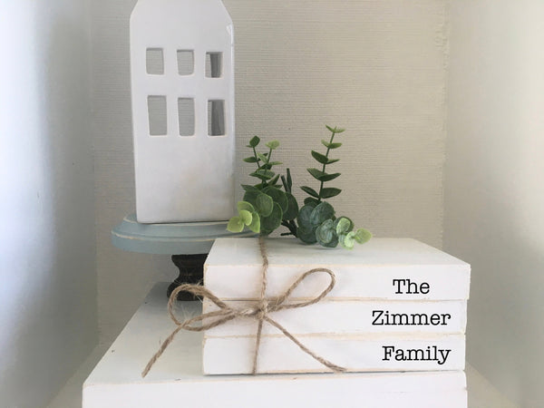 Personalized books- Book bundle- Mini book stack-  Farmhouse decor- Faux books- Set of 3- Wooden books-  Kids names-  Tiered tray decor
